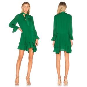 Alice + Olivia Moore Tiered Dress Green Silk Size Small Ruffle Long Sleeve Short